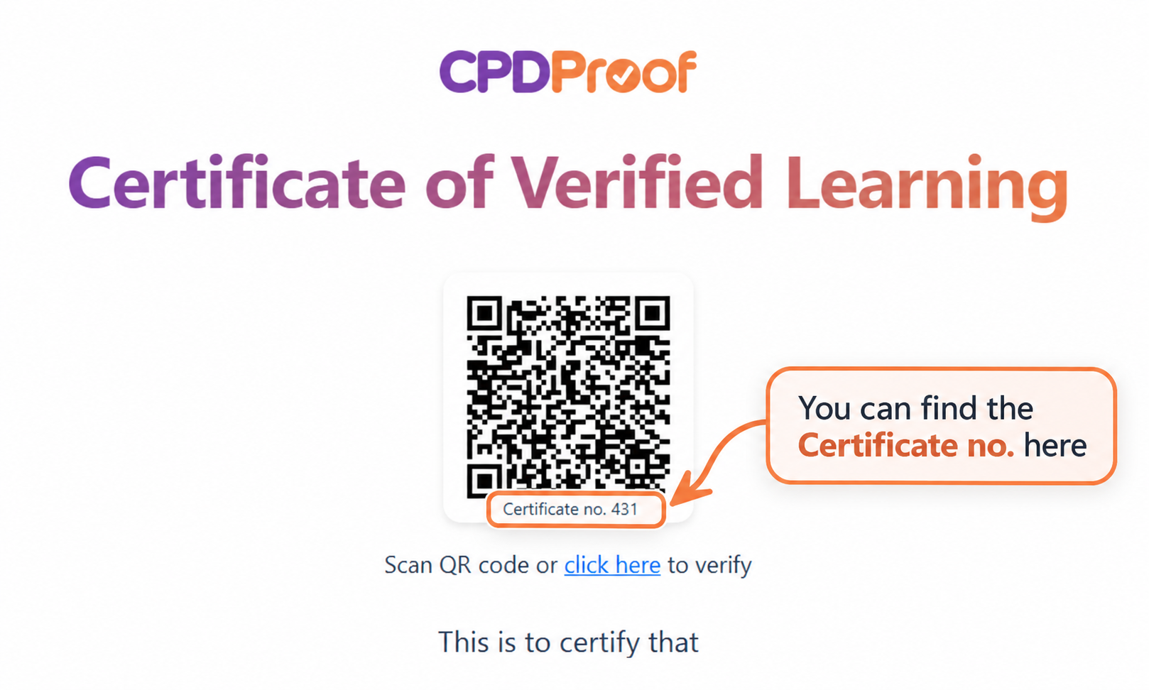 Example certificate showing where to find the certificate number.